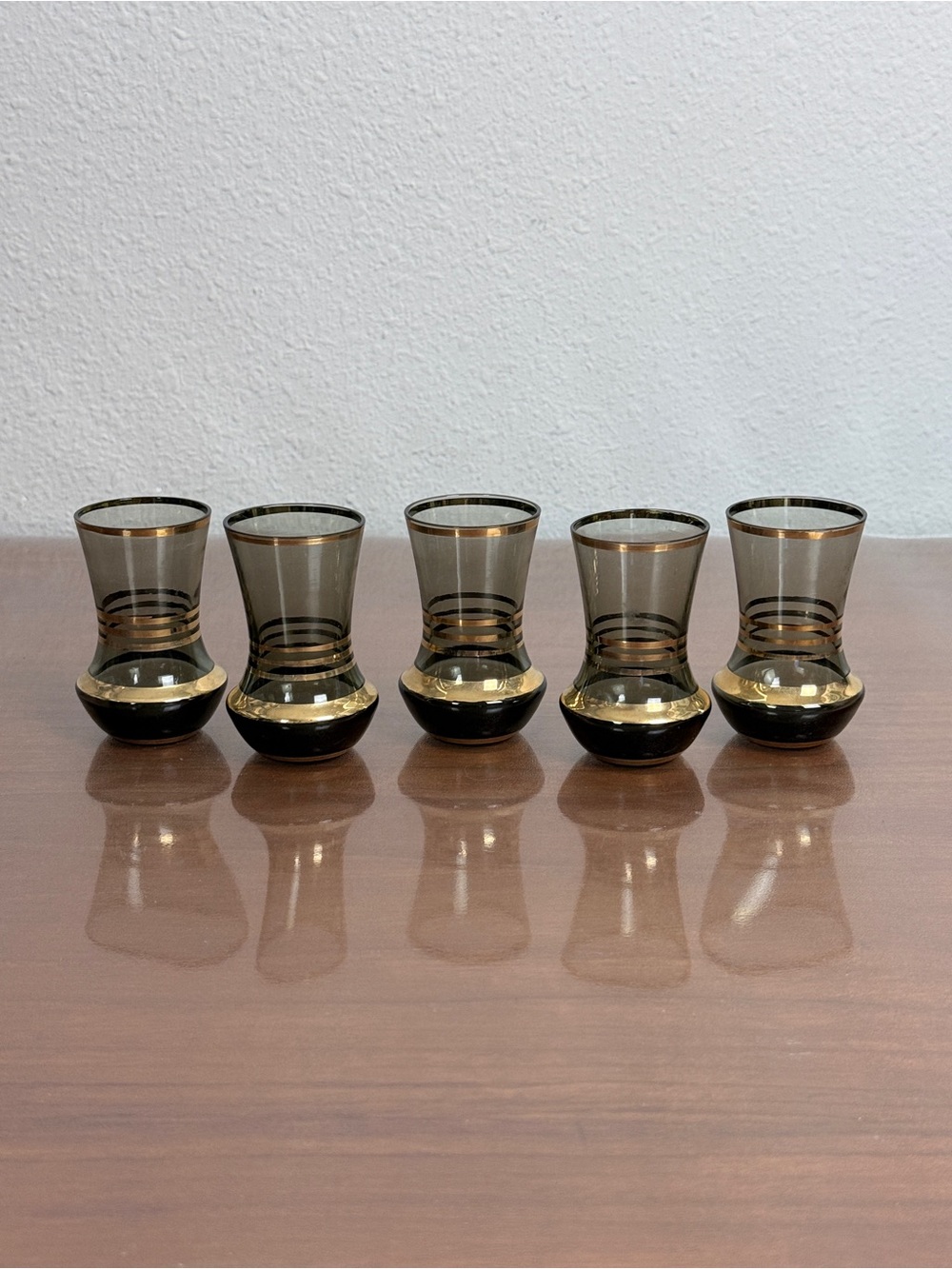 5 Vintage Bohemia Czechoslovakia Smoky Brown & Gold Accent Shot Glasses